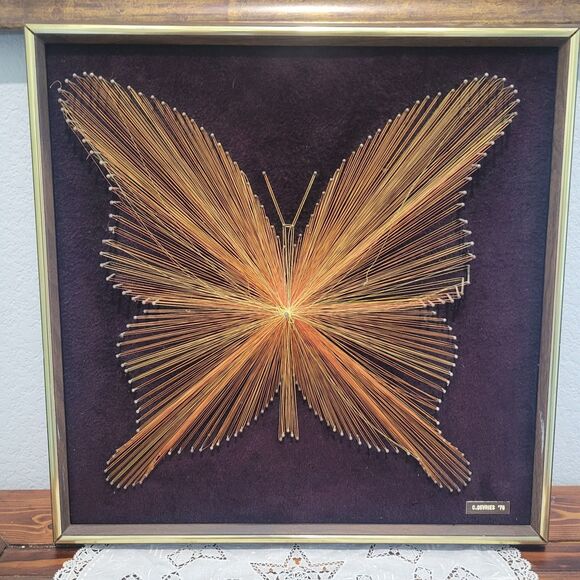 VTG MCM 3D Butterfly String Art 18.5x18.5” Copper Colored Thread Brown Velvet - Picture 1 of 14